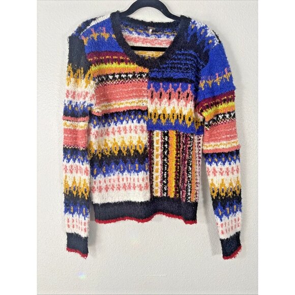 Free People Alpaca Blend Sweater Colorful Patch Pullover Women's Size M Boho - Picture 3 of 9